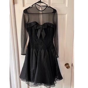 VTG Retro Chris Kole 100% Silk Party  Dress Sheer Sleeve Black Bow Size 6